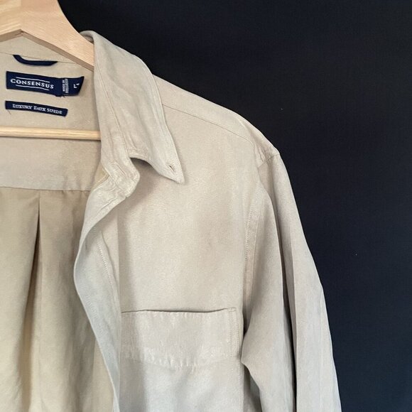 Consensus Mens Luxury Faux Suede Shirt LT beige quiet luxury soft overcoat - Picture 2 of 8